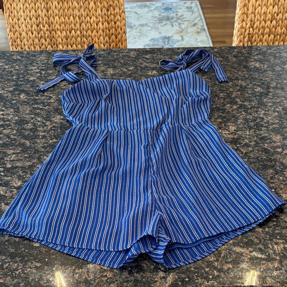 SOLD- Peach Love California Blue and White Striped Romper